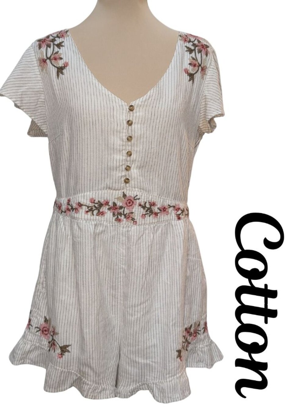 American Eagle Embroidered Pinstripe Cotton Romper